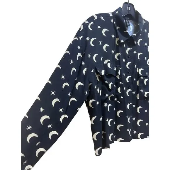 Forever 21 Moon Star Blouse M Black Celestial Button Up Witchy Goth Astrology - Picture 4 of 7